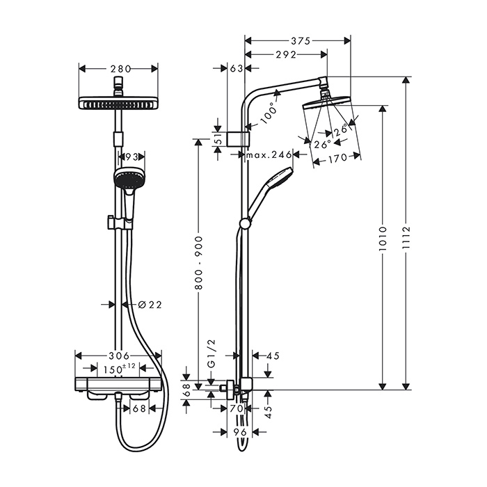 tus set s termostatsko armaturo croma e 280 1jet varia 27696000 hansgrohe topdom 2
