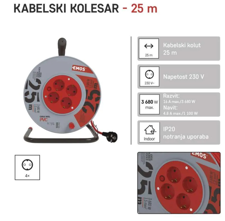 Podaljsek kolutni 25m 4vtic.3x15mm P09225 Emos 3